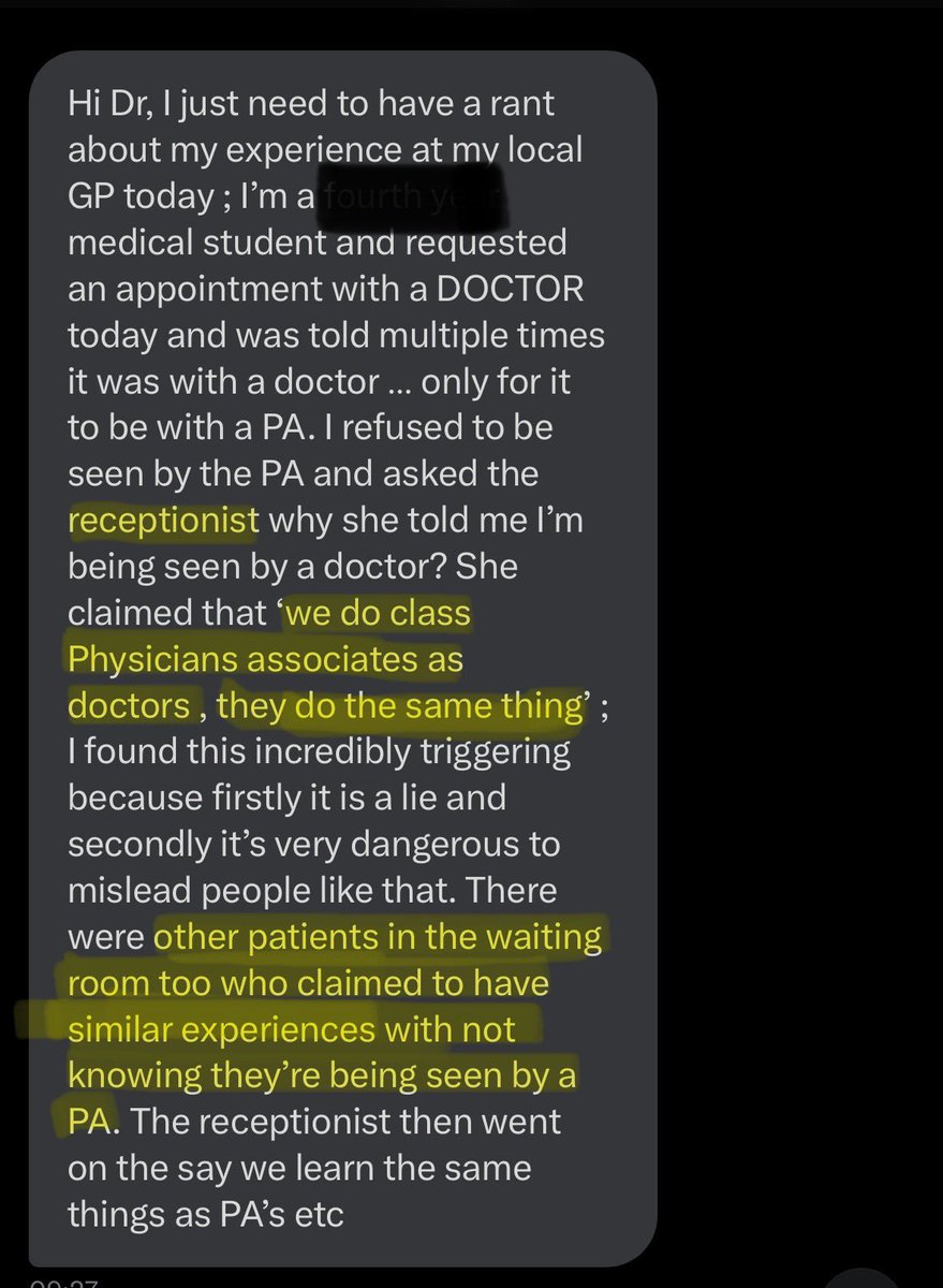 iDrSunny's tweet image. Patient: I would like to see a doctor please 

Appointment given with a PA 

Patient: this is with a PA, could I have it with my GP please? 

Receptionist: ‘they are doctors… they do the same thing’

Other patients also completely unaware

This is a huge problem.