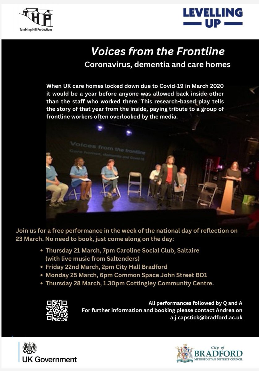 'Voices from the Frontline' has been funded by Bradford Metropolitan District Council to be performed in four community venues during the week of the national day of reflection on the coronavirus pandemic. Details 👇