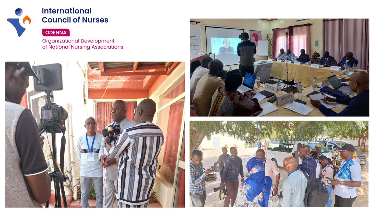 ICNurses's tweet photo. #ODENNA #ICNLFC meeting in #Senegal kicks off with a message from ICN CEO @HowardCatton and media interview with Senegal National #Nurses Association President Ismaila Mbaye and #DRC NNA President Andre Komba Djeko. Stay tuned here for more updates! https://t.co/Z7PArKrarx https://t.co/gd3QviayWy
