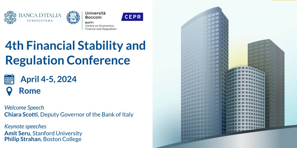 🗓️#SaveTheDate 4-5 April #Rome
4th #BankOfItaly, @Unibocconi - BAFFI CAREFIN and @cepr_org conference on 'Financial Stability and Regulation'
ℹ️ The conference will cover topics related to financial crises, #banking regulation and supervision, the role of #ClimateRisk and