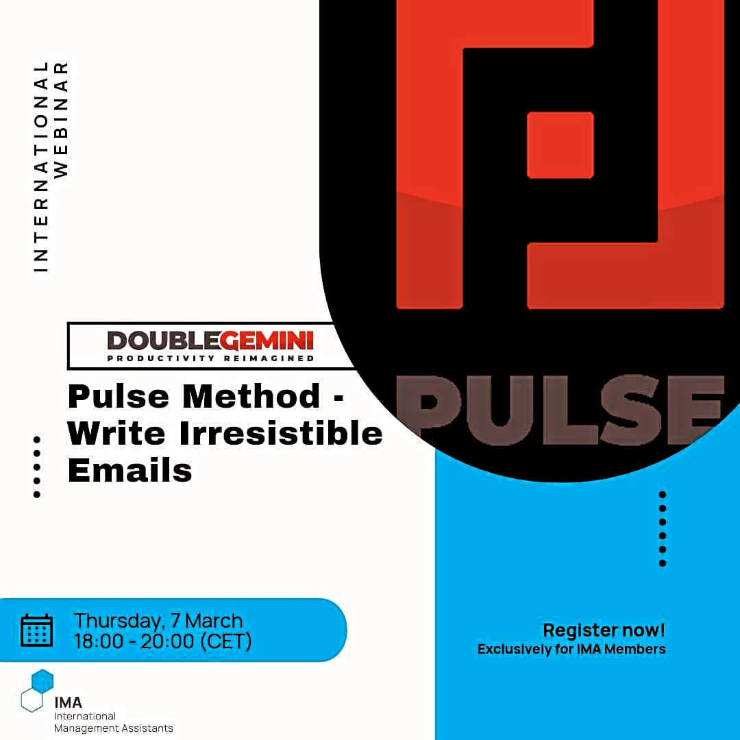 💥Members Only Webinar - The Pulse Method to Write Irresistible Emails 💻  come &amp; learn the Pulse Method for writing faster, action-based emails to enhance productivity &amp; drive quicker decisions.

🗓️ When: 7 Mar 2024
🕕 Time: 18:00 - 20:00

🔗 Registration via website
