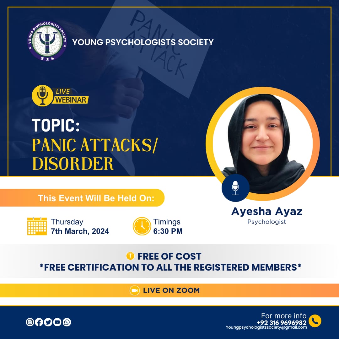 Youngpsych96's tweet photo. Live Free Webinar on Panic attacks/ Disorder.
Mark your calenders and don't miss the chance to attend our efficacious webinar.
.
.
.
#YPS #mentalhealth #psychology #thinking #awareness #society #stigmas #videos #promotion #smallbiz #science #crisis #panic #panicattacks #copings https://t.co/Tggr9vgPNG