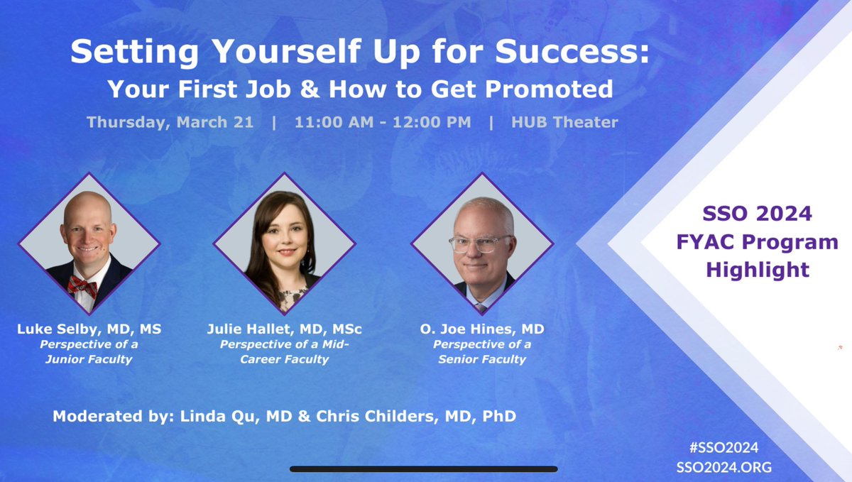 Need a good reason to attend <a href="/SocSurgOnc/">Society of Surgical Oncology</a> #SSO2024? Here’s a great one.

Thurs 3/21, the SSO Fellows &amp; Young Attendings Committee has put together a session focusing on getting your 1st job &amp; how to position yourself for promotion.

Featuring: <a href="/LVSelbs/">Luke V. Selby MD MS FACS</a>, <a href="/HalletJulie/">Julie Hallet</a> &amp; <a href="/JoeHines15/">O Joe Hines MD</a>.