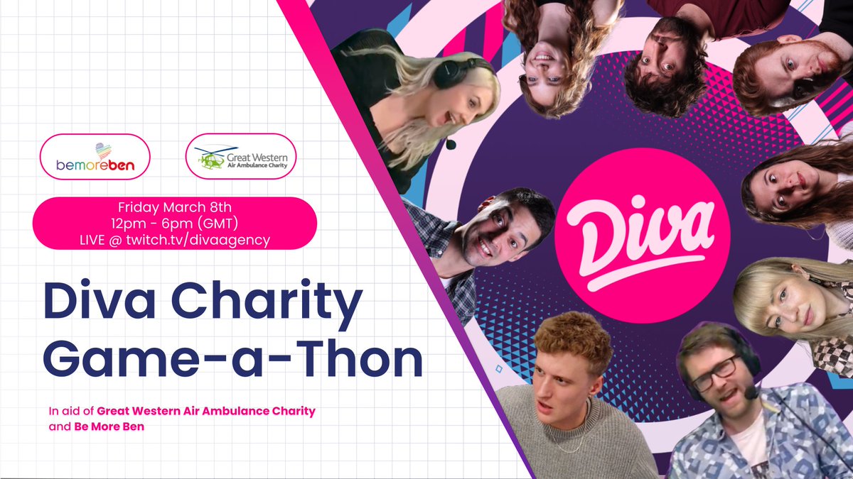 LET'S GO TEAM.

Diva is live THIS Friday playing multiplayer games in aid of local Bristol charities <a href="/GWAAC/">Great Western Air Ambulance Charity</a> and Be More Ben!

🎮 Watch us play games
⏰ Fri 8th March - 12pm to 6pm GMT
💸 Donate here: givewheel.com/fundraising/24…
👉 See you there: twitch.tv/divaagency