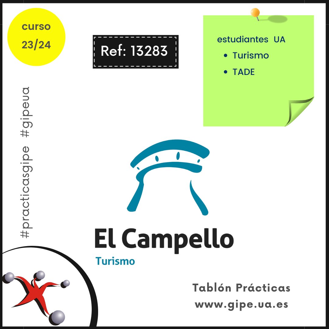 Tablón de ofertas de Prácticas: 
Junio 2024: estudiante Grado Turismo, TADE (El Campello)
gipe.ua.es/es/tablon-de-o… 
<a href="/ElCampelloAyto/">ElCampelloAyto</a> <a href="/CampelloTurismo/">El Campello Turismo</a> <a href="/LletresUA/">LletresUA</a>    <a href="/AFLUA2/">AFLUA/SAO</a> <a href="/GradoTurismoUA/">Turismolog@s UA</a> <a href="/Gradoturismoua1/">Gradoturismoua</a>        <a href="/grintur_ua/">Planificación y Gestión Sostenible del Turismo UA</a> <a href="/UA_Universidad/">Universidad de Alicante UA</a> #practicasgipe #gipeua #UA #elcampello