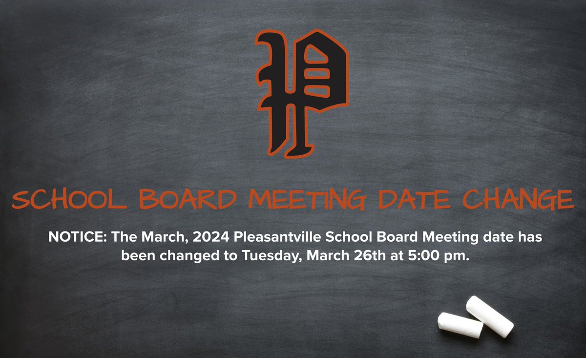 Tony Aylsworth (@taylsworth) on Twitter photo NOTICE: The March, 2024 Pleasantville School Board Meeting date has been set for Tuesday, March 26th at 5:00 pm. NOTICE: The March, 2024 Pleasantville School Board Meeting date has been set for Tuesday, March 26th at 5:00 pm.