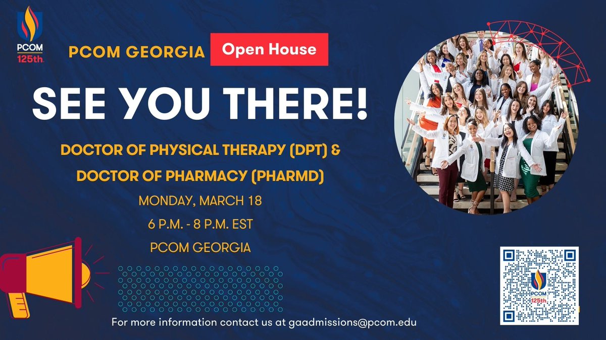 🏠Join us for a joint Open House featuring PCOM Georgia's DPT and PharmD programs! Listen to an Admissions presentation, tour campus and meet current pharmacy and physical therapy students. Learn why you want to join the PCOM Georgia family🌟Sign up here! bit.ly/436E5wq