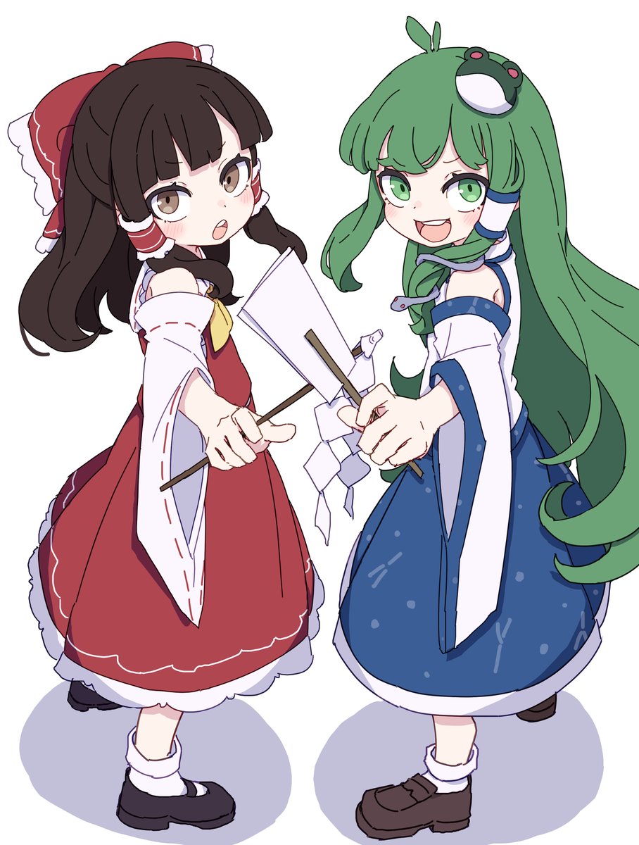 hakurei reimu ,kochiya sanae multiple girls 2girls green hair hair tubes detached sleeves frog hair ornament hair ornament  illustration images