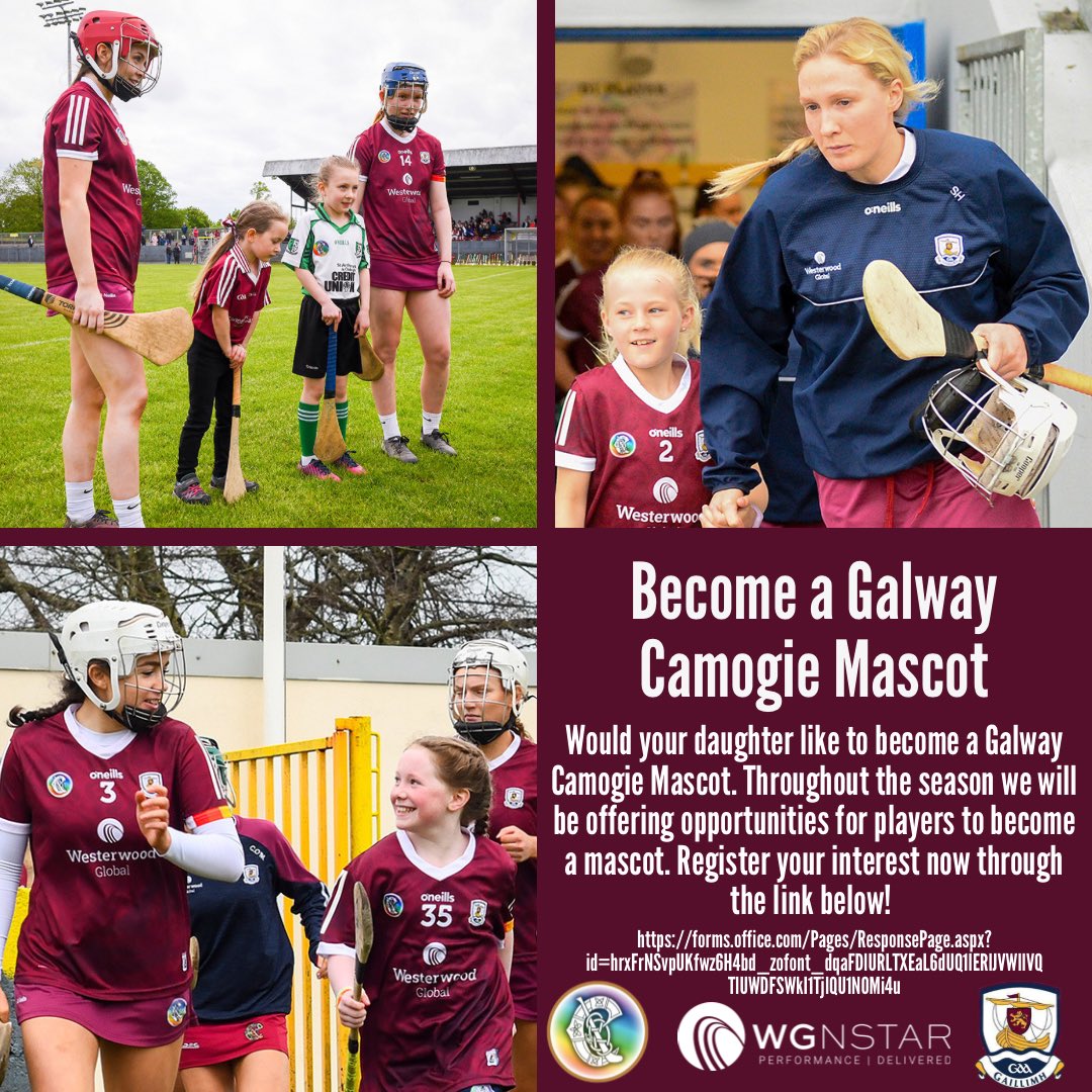 📣 Become a Galway Camogie Mascot 📣 Would your daughter like to become a Galway Camogie Mascot. Throughout the season we will be offering opportunities for players from across the county to become a mascot with either our Senior, Intermediate, Minor or U16 teams. Register your