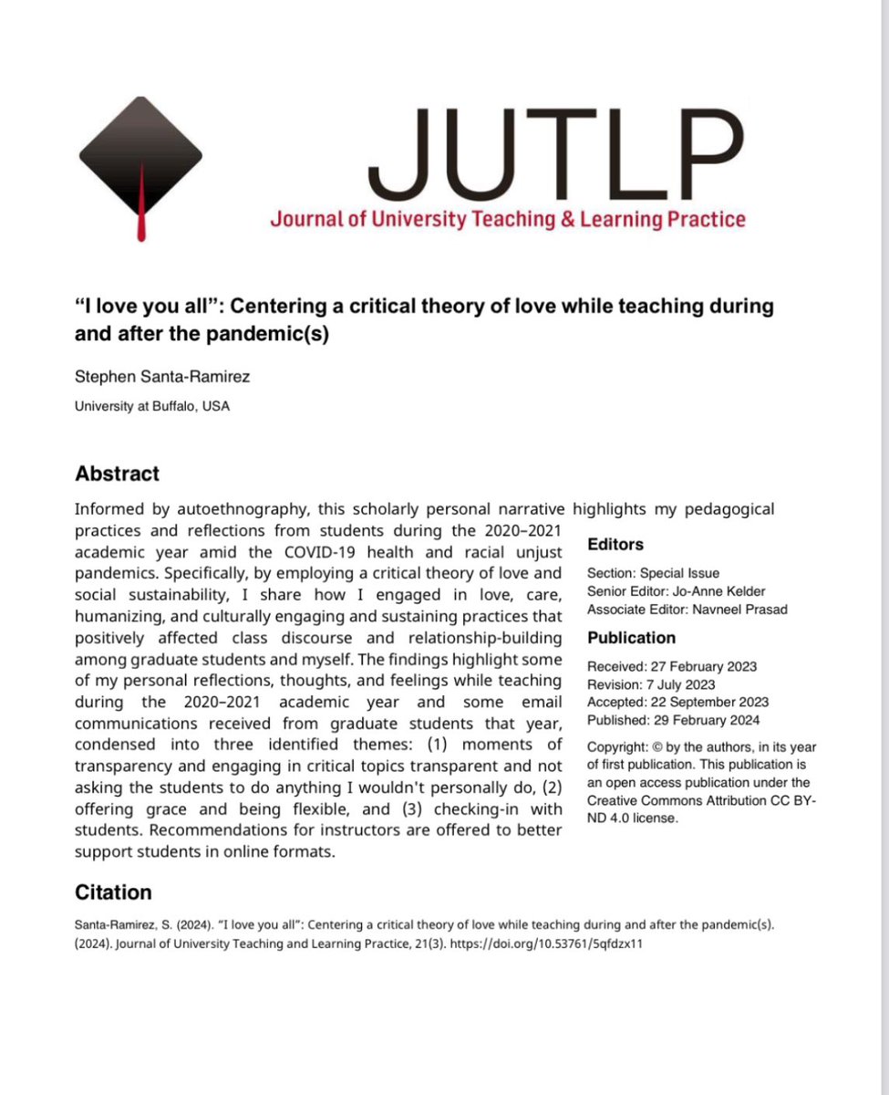 🚨#NewPublication🚨I’m so excited to share this article in the Journal of University Teaching & Learning Practice, “I love you all”: Centering a critical theory of love while teaching during and after the pandemic(s) 🤎 #Humanizing #HigherEducation

Link: doi.org/10.53761/5qfdz…