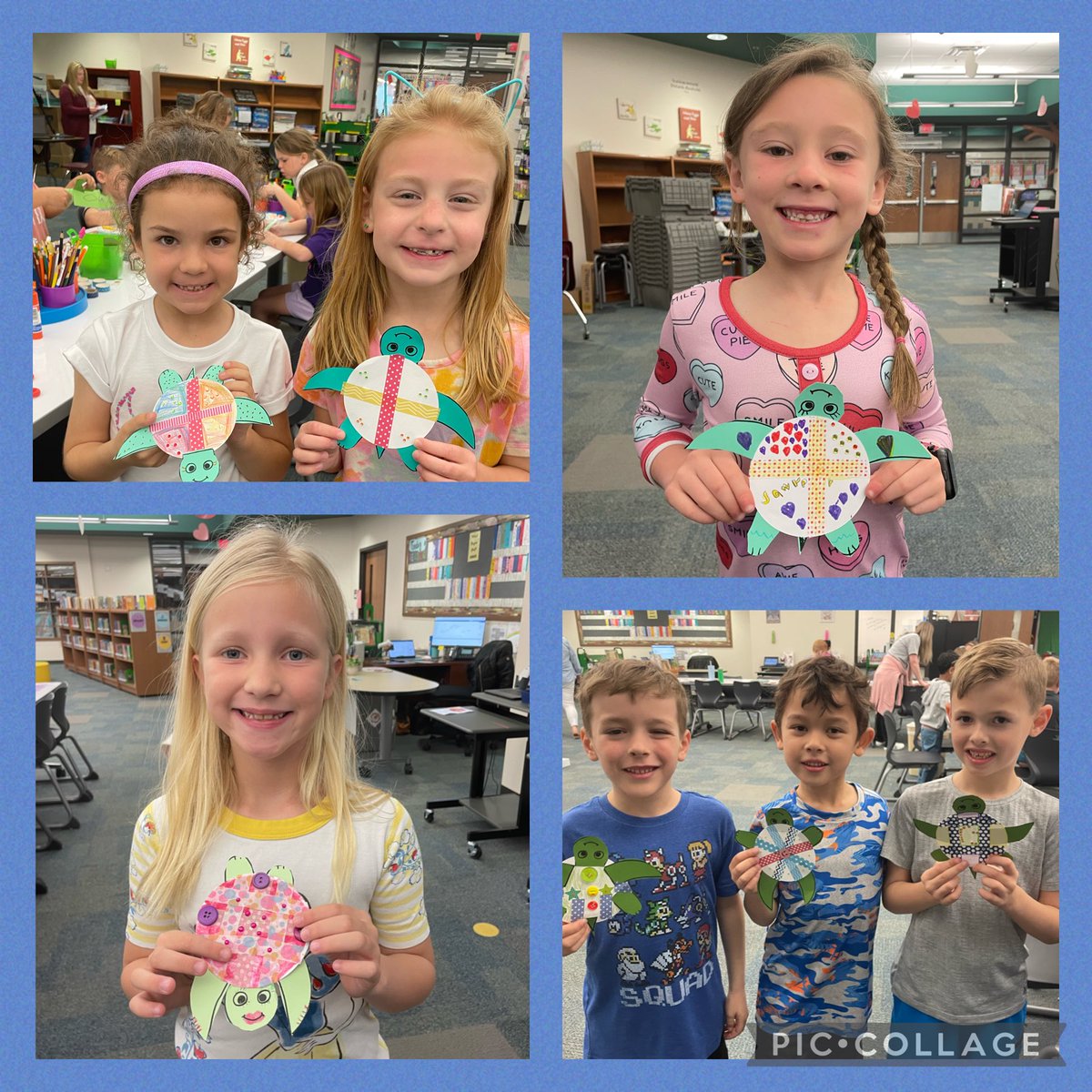 1st graders read One Tiny Turtle by Nicola Davies & then made collage turtles in makerspace time! they turned out so cute! 🥰