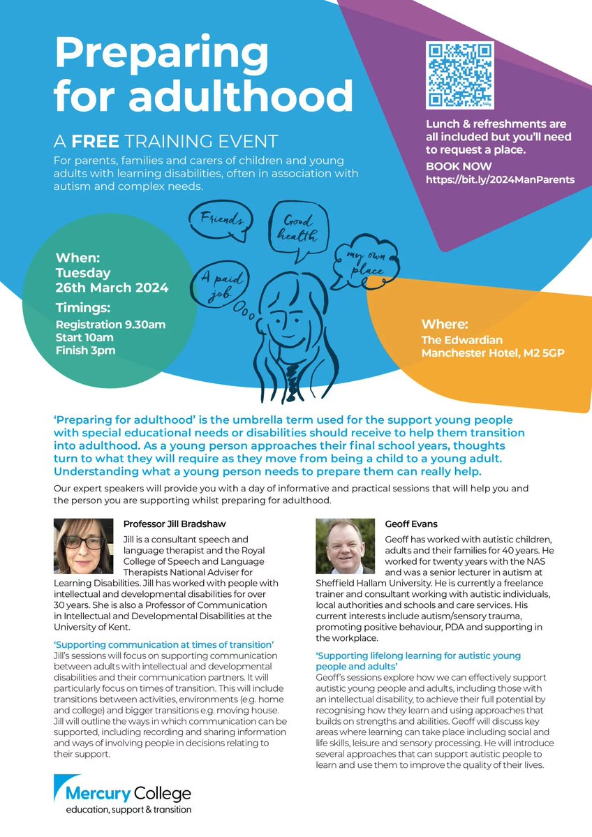 Mercury College is running a FREE training event on preparing for adulthood for parents, families and carers of children and young adults with learning disabilities, often in association with autism and complex needs, in Manchester on Tues 26th March. tinyurl.com/z6k87dwr