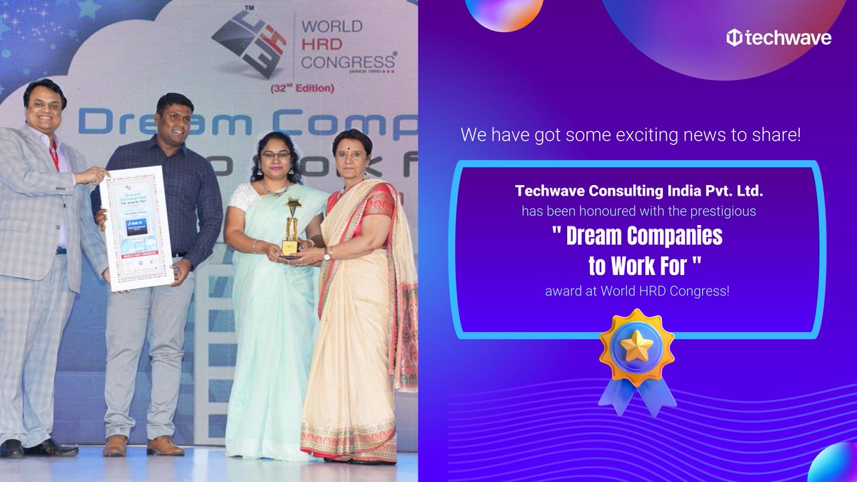 We cannot keep calm!! Techwave Consulting India Pvt. Ltd. has been honoured with the prestigious' Dream Companies to Work For ' award at World HRD Congress! We thank each and every-one who made this dream a reality. Thank you. #techwave #honour #Dreamcompanytowork #workculture