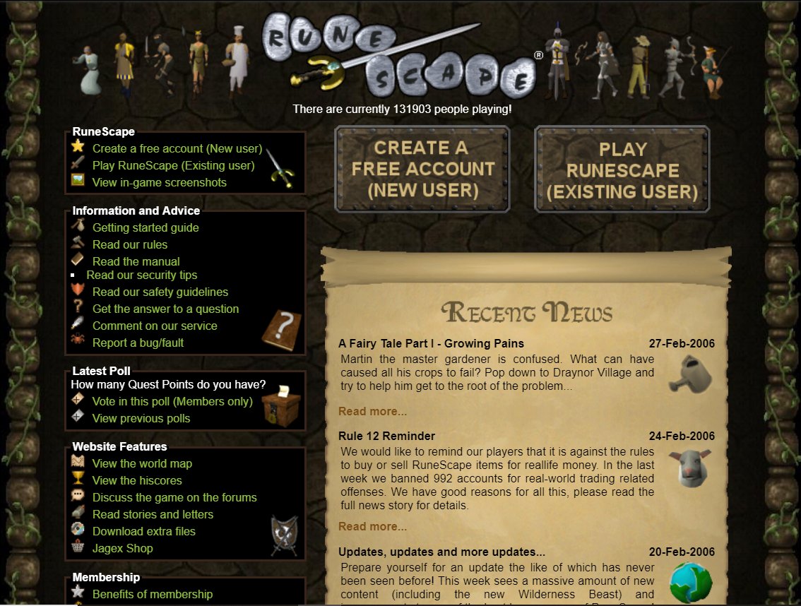The RuneScape website on this day in 2006!