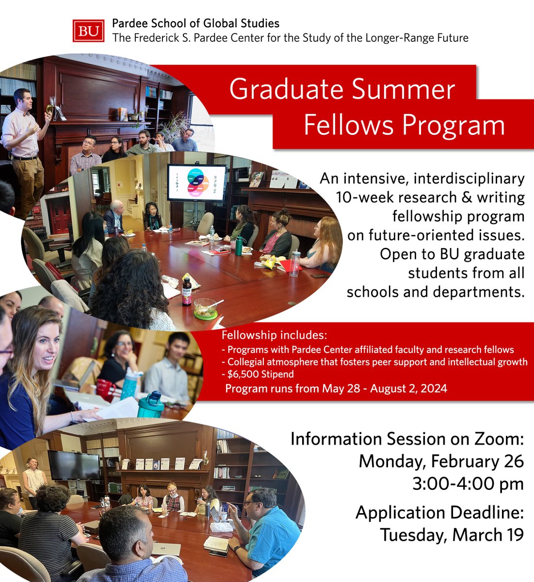 There are 2 weeks left to apply for the Pardee Center's Graduate Summer Fellows program! The program, open to all @BU_Tweets grad students, gives an opportunity for interdisciplinary, future-focused research & writing. The deadline is Tuesday, March 19. bu.edu/pardee/2024/01…