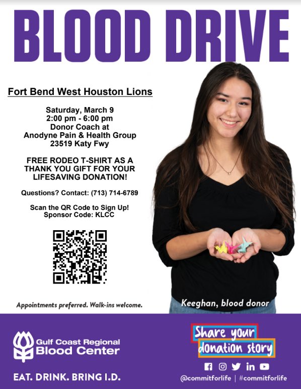 Donate blood this weekend at our drive and get a free appetizer from Mo’s, free tickets to Big Rivers Waterpark, free tshirts, and save lives. Appointments preferred at katyblooddrive.org #beagreatlion #weserve #katytx #fortbendtx #lgbtq