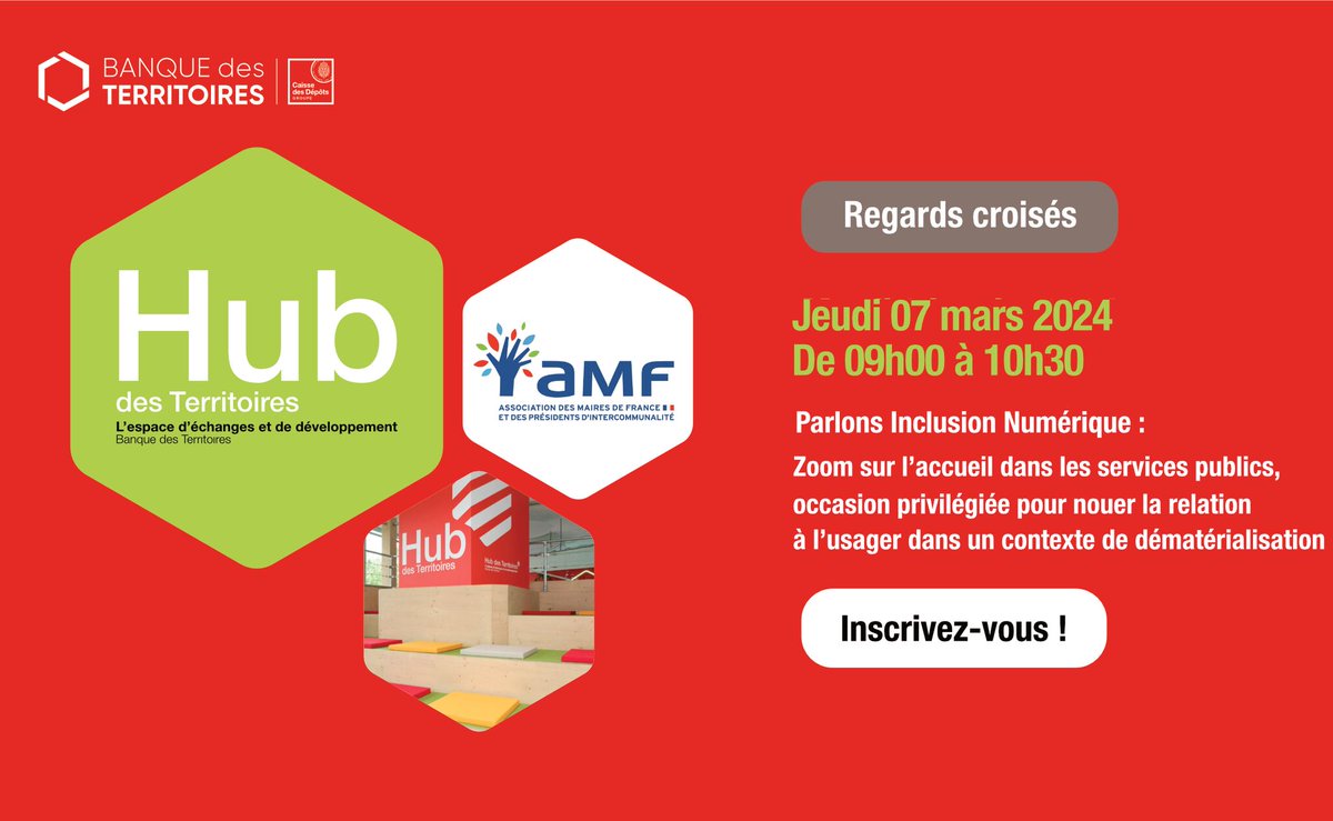 l_amf's tweet image. 🗓️ L’AMF, la @BanqueDesTerr et son #Hubdesterritoires, vous donnent rendez-vous le 7 mars, de 9h à 10h30, pour un petit-déjeuner #ParlonsInclusionNumérique. 

Cet évènement sera l’occasion d’évoquer l’accueil dans les services publics, occasion privilégiée pour nouer la relation…