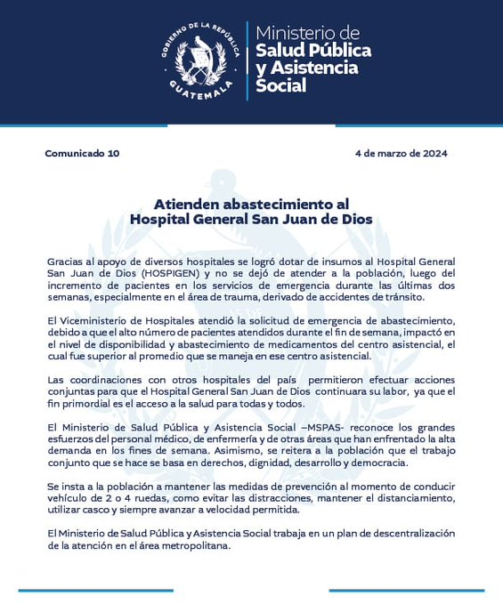 #Guatemala l Ministerio de Salud informa que abasteció de medicamentos e insumos al Hospital General.  
Indican que durante las últimas dos semanas aumentó el ingreso de pacientes en emergencia, especialmente debido a accidentes de tránsito.