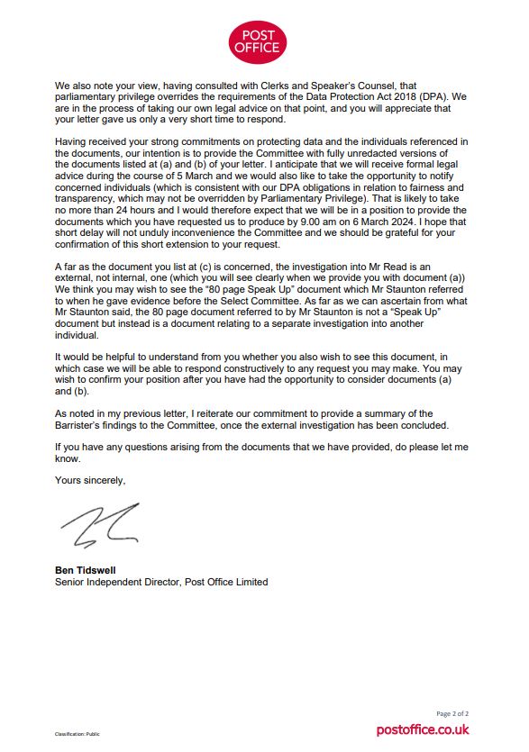 The @PostOffice has agreed to provide us with the 'HR report' at the centre of a row between the firm's former Chair Henry Staunton and current CEO Nick Read. They will provide the document tomorrow. Read the Post Office's response to our request here: committees.parliament.uk/publications/4…