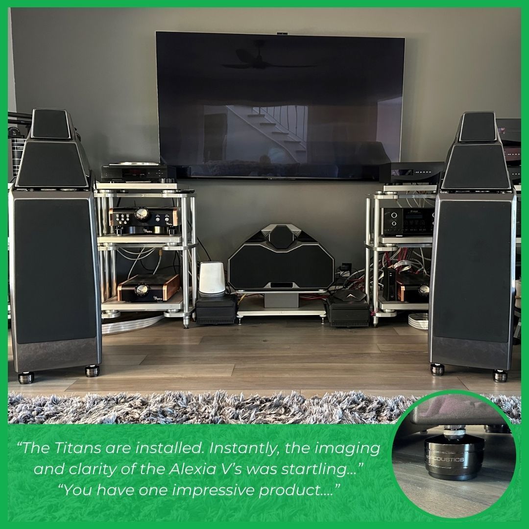 Stunning setup featuring Wilson Audio Alexia V speakers, elevated to new heights with our GAIA-TITAN Theis isolators. 🎶✨ 'The Titans are installed. Instantly, the imaging and clarity of the Alexia V's was startling… You have one impressive product…' – AlexiaLover