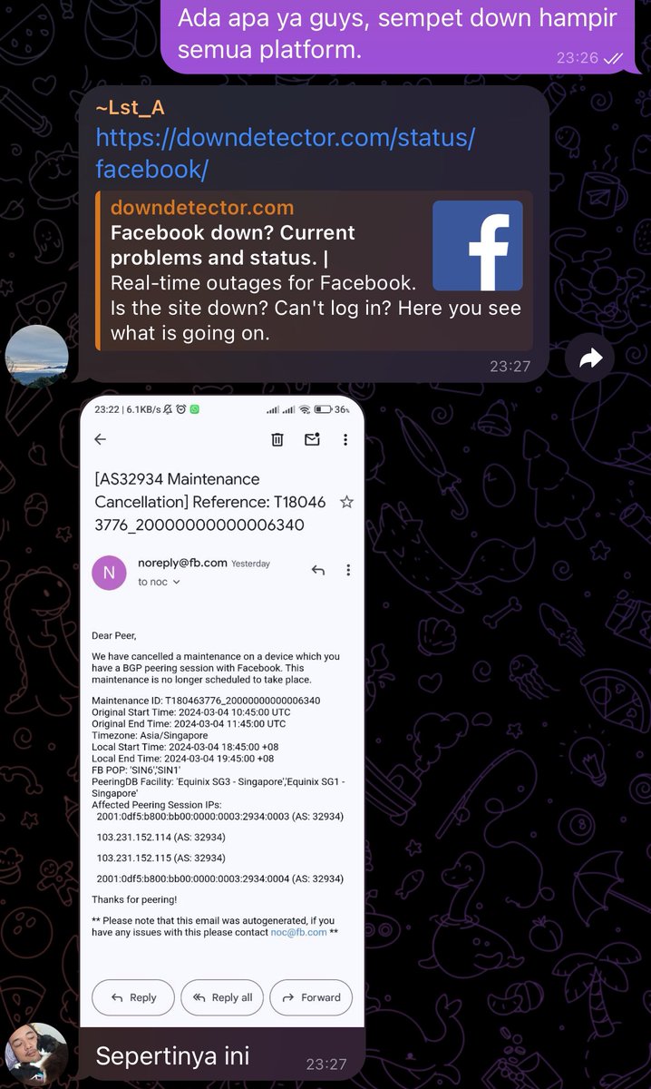 Barusan IG, WA, FB down? Ini alasannya.

Meta group lagi maintenance.