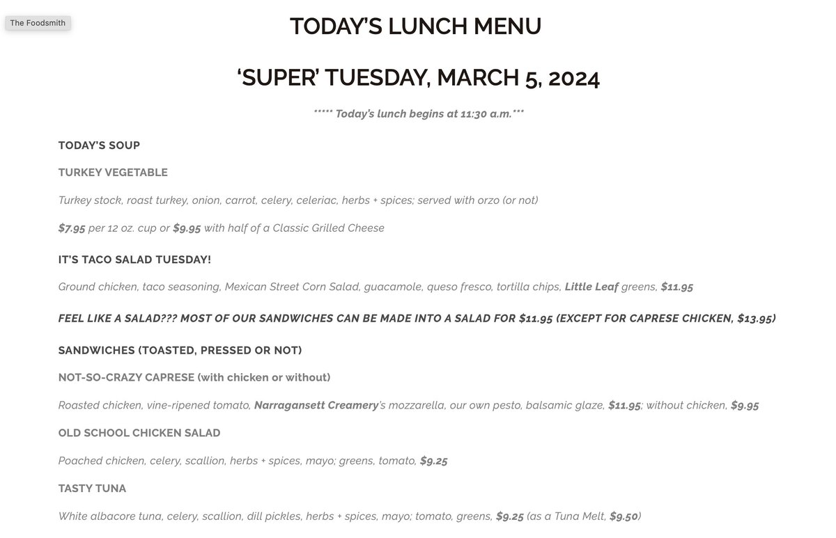 FoodsmithDUX's tweet image. It’s Super (Taco Salad) Tuesday! Check out our MENU page, then call 781-934-0134 to order. Our exit polling continues until  2 p.m.! #duxbury #SuperTuesday