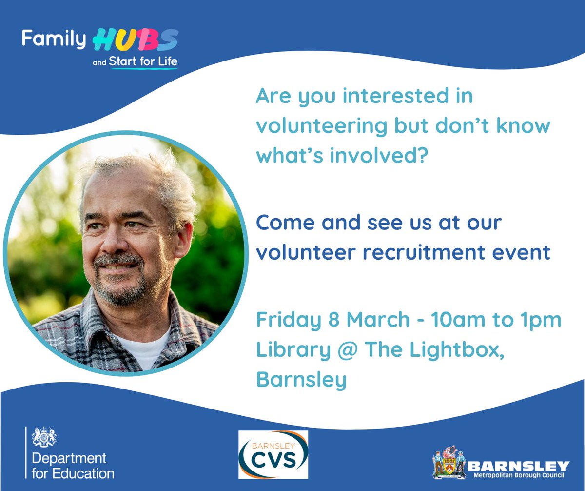 📢This week is our Family Hubs Volunteer Recruitment Event with Barnsley Family Hubs 📅 Friday 8th March, 10am-1pm 📍 Library @ The Lightbox 👨‍👦‍👦If you are interested in volunteering for Family Hubs please pop along! Any questions please email: karen.dennis@barnsleycvs.org.uk