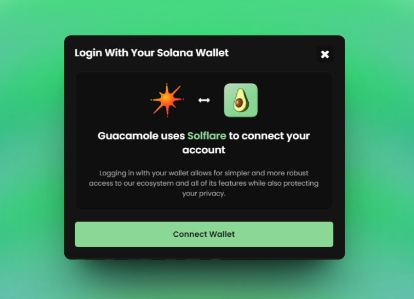 You can now use @solflare_wallet on guac.gg!

- Setup your Pitfolio & build your network
- Message through Chatamole
- Shop with your favorite tokens
- Learn to earn in the Avocademy
- & much more! 🥑