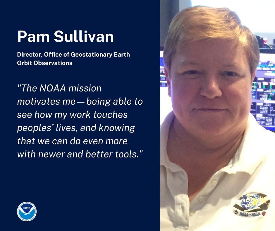 Meet Pam Sullivan, Director of the Office of Geostationary Earth Orbit Observations!

Pam manages the development and deployment of @NOAA’s geostationary weather satellites, including the current #GOESR Series and the future #GeoXO satellites.

#WomenOfNOAA #WomensHistoryMonth