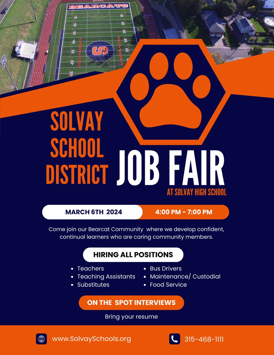 Solvay Schools is hosting a Job Fair tomorrow! 4-7pm at Solvay High School - hope to see you there!