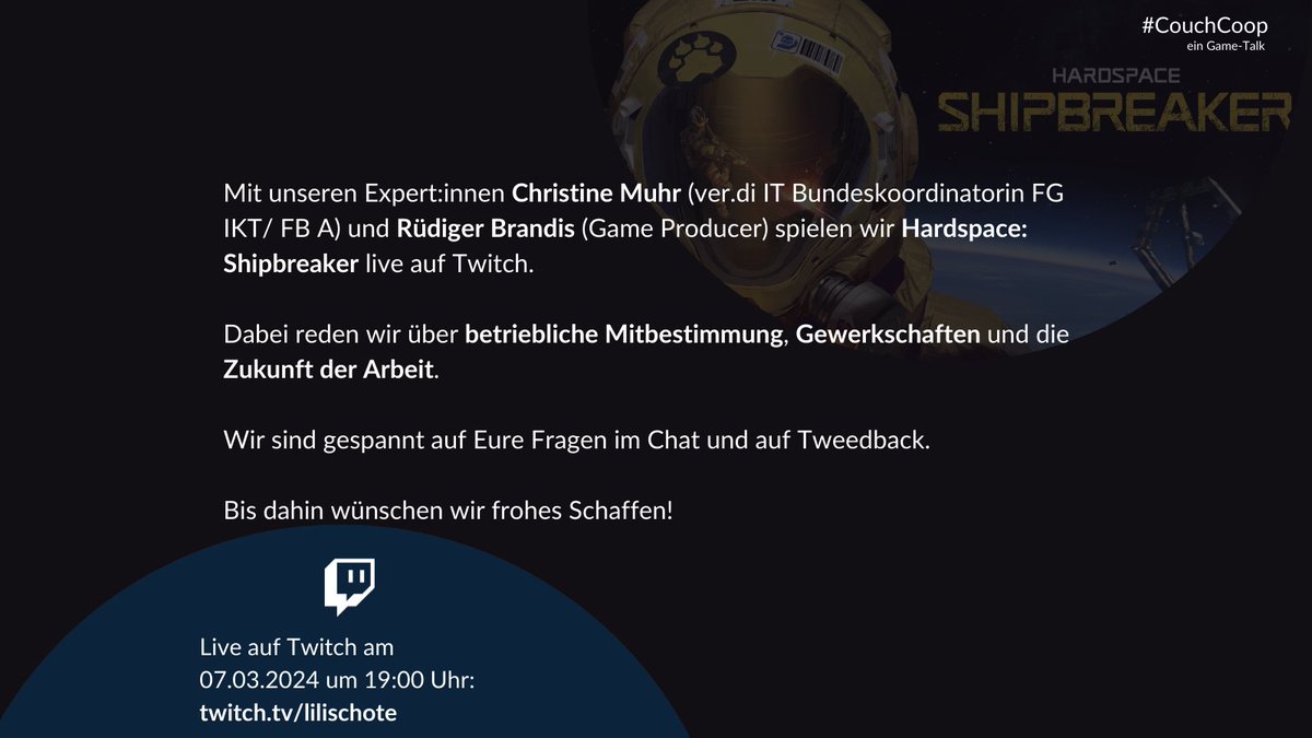 Am Donnerstag wird malocht! Mit Christine Muhr (<a href="/_verdi/">Ver.piss.di</a>) und Rüdiger Brandis (<a href="/rueBrandis/">Rü</a>) zocken wir bei Lilischote (<a href="/Lilischote/">Lilischote 🏳️‍⚧️</a>) Hardspace: Shipbreaker. Wir reden über Gewerkschaften, Zukunft d. Arbeit u.v.m. am Donnerstag um 19 Uhr auf twitch.tv/lilischote. <a href="/FESonline/">Friedrich-Ebert-Stiftung</a>