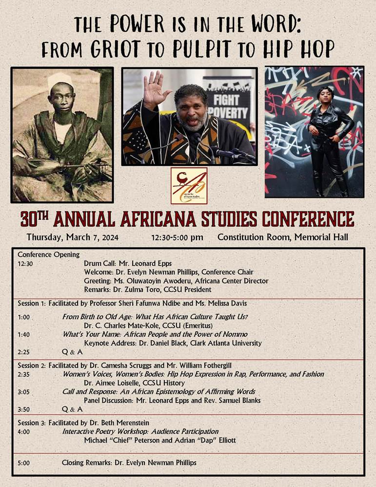Africana Studies Conference
In-person and Webex
Thu 3/7
12:30-5:00
Our <a href="/LoiselleAim/">Aimee Loiselle</a> will present at 2:30 with our <a href="/cameshascruggs/">Lopez</a> facilitating &lt;&lt;&lt;&lt;
ccsu.webex.com/ccsu/j.php?MTI…
Meeting number: 2631 812 6074
Password: HMwAcUpx544