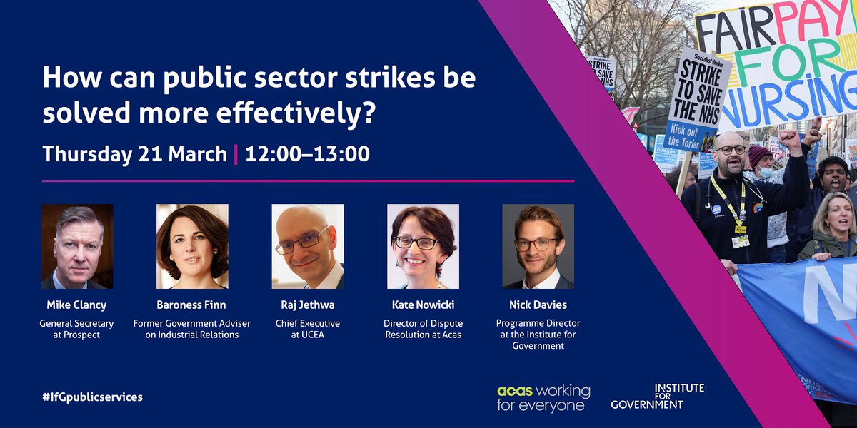 EVENT: How can public sector strikes be solved more effectively? 📅 Thursday 21 March, 12:00 Join us in person or online as we discuss with @mikeclancy1, Baroness Finn, @RKJethwa @nowickikate @NJ_Davies instituteforgovernment.org.uk/event/public-s… #IfGpublicservices