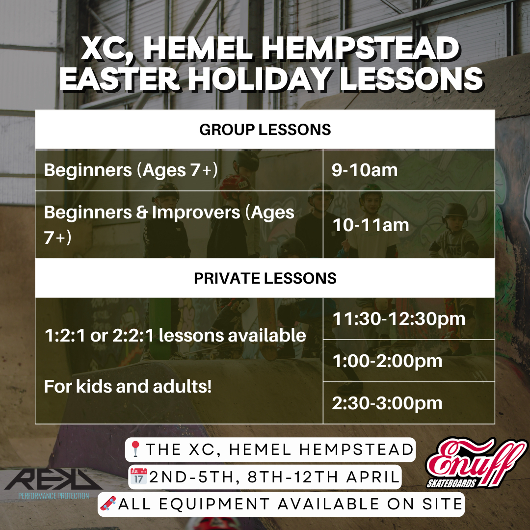 EASTER HOLIDAY LESSONS AT THE XC🌟🛹

Join our experienced &amp; friendly instructors this Easter in the amazing facilities The XC has to offer. Plus get 10% OFF for any 5 lessons you book over the holidays. 

#abcskateboarding #learntoskateboard #SkateboardLessons #easter #holiday