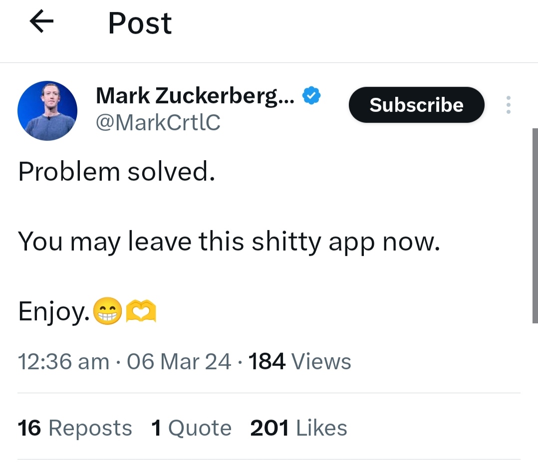 shaanuchandran's tweet image. This is for you Elon, for talking too much without politeness! 🖕
#MarkZuckerberg #serverproblems #facebookdown #instagramdown @MarkCrtlC