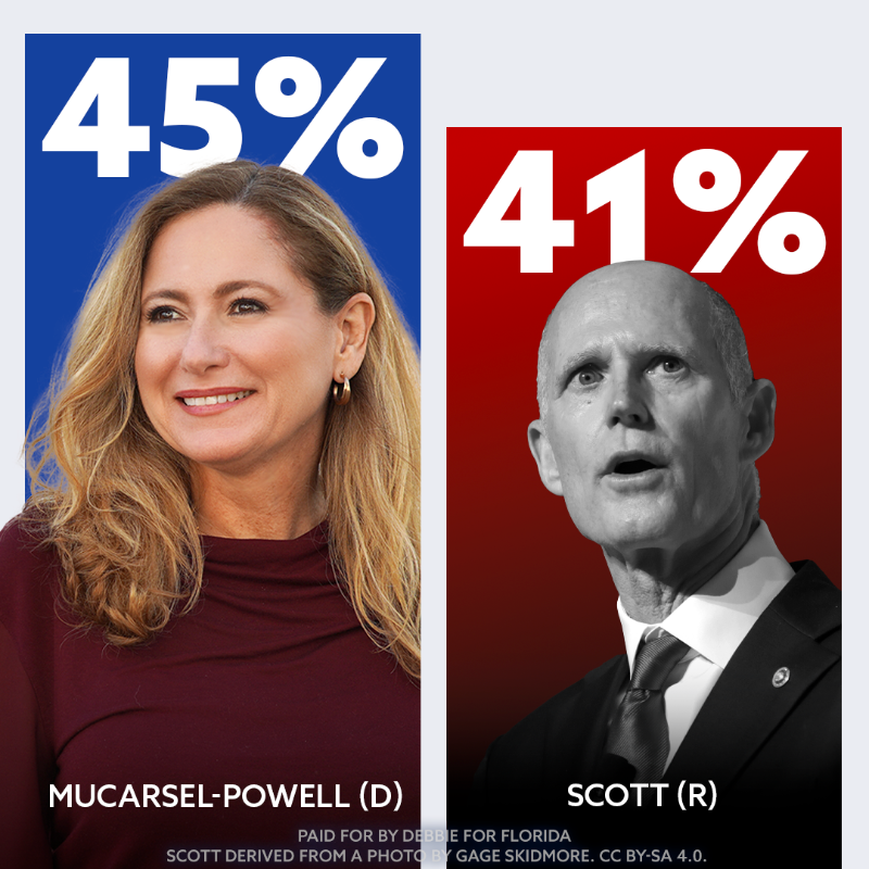 DebbieforFL's tweet photo. Rick Scott is downright TERRIFIED of our grassroots campaign. And I don’t blame him:

Polling shows we're in the lead, and experts say he's one of the most vulnerable Senators. That’s why he’s already spent $3 MILLION running attack ads! Rush $5 now to help me fight back >>