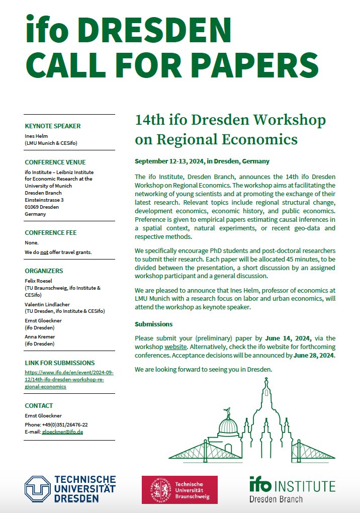 🚨Call for papers 🚨 14th ifo Dresden Workshop on Regional Economics organized by @VLindlacher, F. Rösel E. Glöckner and A. Kremer @ifo_Institut Keynote: Ines Helm (LMU) @ineshelmecon Date: Sept 12-13 Deadline: June 14 ifo.de/en/event/2024-…