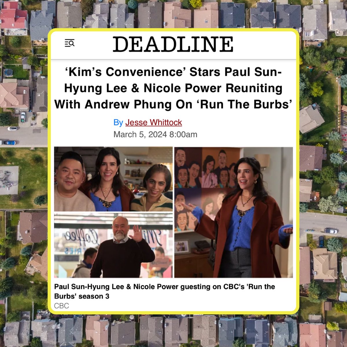 Sneak attack! I’m so excited to announce that @bitterasiandude and @NicolePower3 are guest starring in upcoming episodes of #runtheburbs! It’s a dream come true to be reunited with these two comedy powerhouses! Tuesdays at 9:30pm and streaming on 🇨🇦 @cbcgem! ❤️