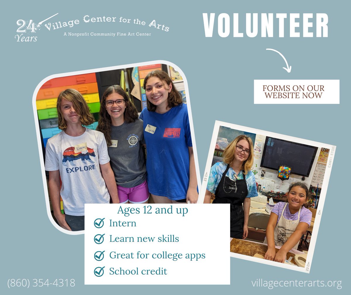 Volunteer positions are available. See our website Volunteer page
villagecenterarts.org/volunteer