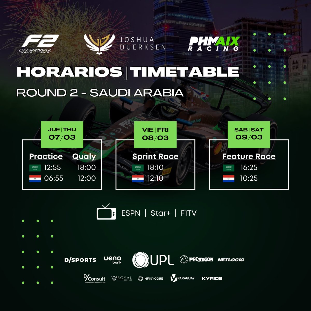 HORARIOS | TIMETABLE 🇸🇦

Times are set for the second round, this time in Jeddah 👊🏼

Los horarios ya están listos para la segunda ronda, esta vez en Jeddah 👊🏼

#JD24 #SomosMbarete🇵🇾 #JoshuaDuerksen #SaudiArabianGP #GPArabiaSaudita
