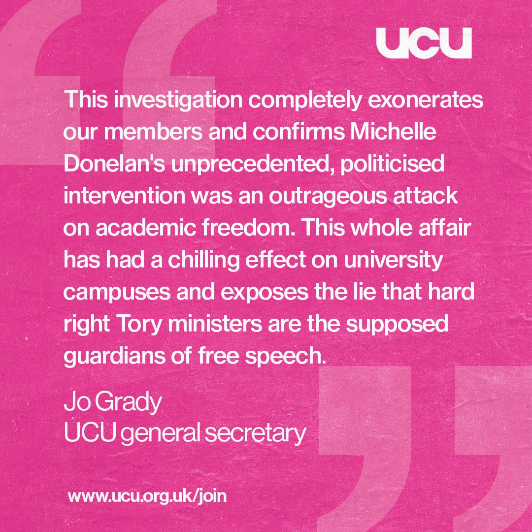 UCU slams the Secretary of State for Science, Innovation and Technology Michelle Donelan after the outcome of UKRI investigation. Read @DrJoGrady's full statement here 👉 bit.ly/3P75qIN