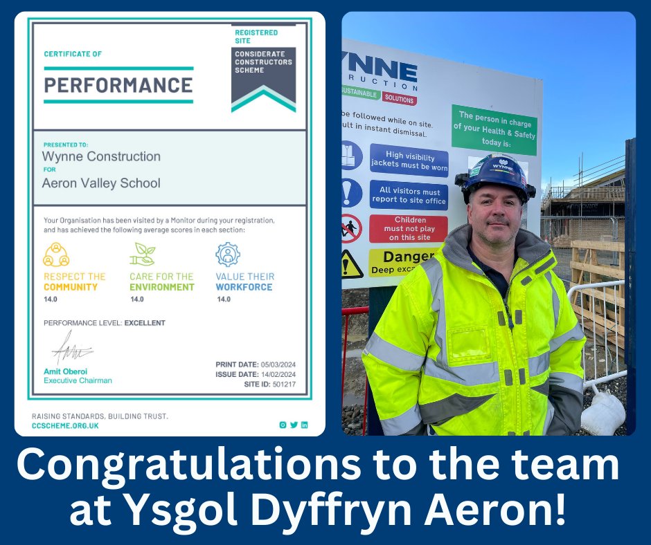 Congratulations to site manager, Bryn Roberts and the site team at the new Ysgol Dyffryn Aeron #Felinfach for an excellent score from their latest Considerate Constructors Scheme audit! #NetZero #construction #breeam #SouthWales #SchoolBuild #loveconstruction