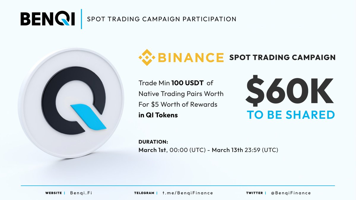 📢ICYMI! Trade $QI on @binance for your shot to share $60,000 in rewards! ✓  Eligibility: Trade minimum 100 USDT of native trading pairs worth for $5  worth of rewards in QI tokens