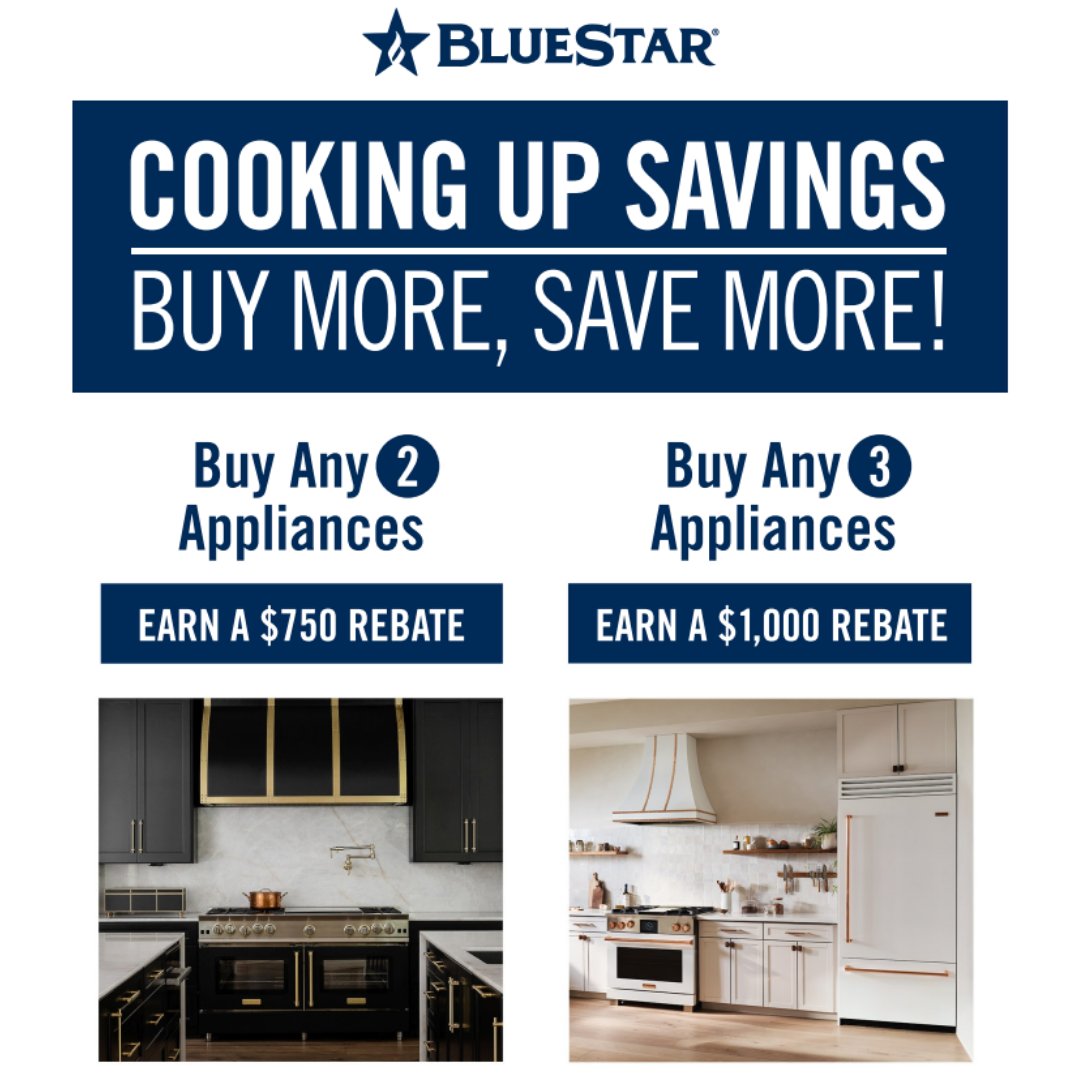 Ready for to upgrade your kitchen? Don’t miss this great rebate on your favorite BlueStar appliances!

#BlueStar #DesignerKitchen #AlboAppliance #ShopNewJersey #Rebates