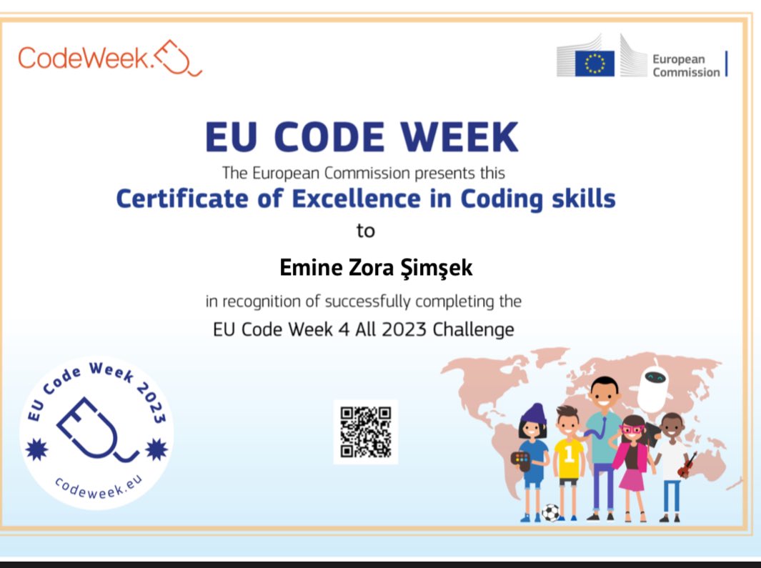 emineZoraSimsek's tweet image. Codeweek 2023 kapsamında oluşturduğumuz kodlama ağımızla ve yaptığımız etkinliklerle Mükemmeliyet Sertifikamızı aldık. #CodeWeek2023 @CodeWeekEU @CodeweekTurkiye