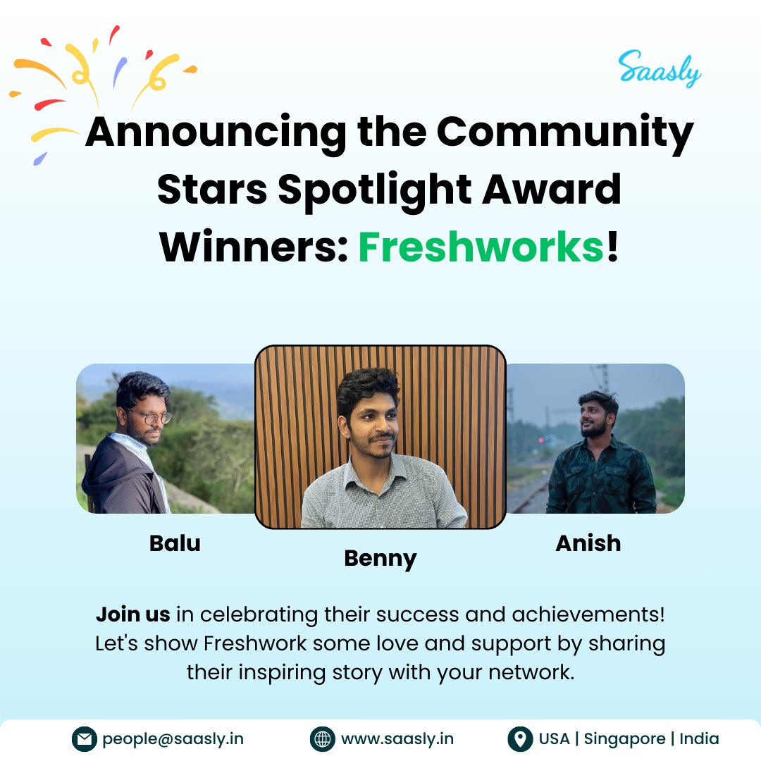Big news! Freshworks has been named a winner of the Community Stars Spotlight Awards! 

Thank you, Benny, Anish, and Bala for your wonderful contributions. 

#CommunityStars #SpotlightAwardsWinner #Freshwork #Innovation #Excellence #saasly #spritle