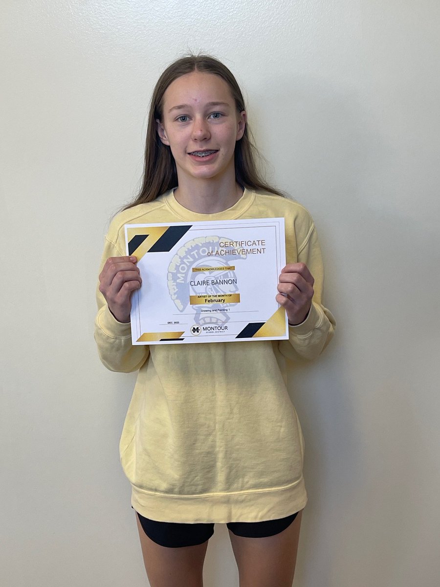 MSD_MHS_ART's tweet photo. I am excite to announce Claire Bannon Artist Of the Month for February. You have shown hard work and talent in your work. Keep up the awesome job you are doing. Again congratulation. #MontourProud @hilltopspartan   @MontourSD https://t.co/m8jdOYLtAd