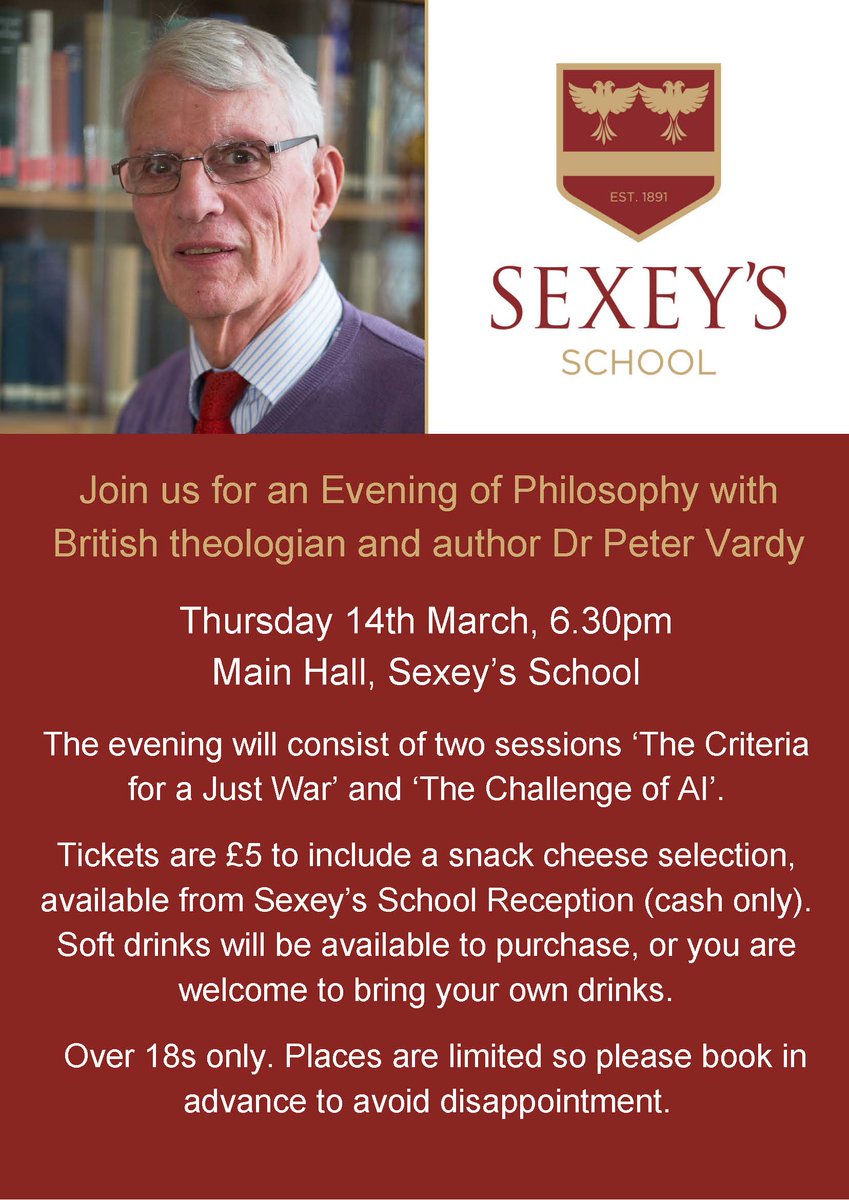 Tickets are still available for our evening of Philosophy with British theologian and author Dr Peter Vardy on Thurs 14th March. Tickets are just £5 to include a snack cheese selection. Over 18's only, refreshments served at 6.30pm for a 7pm start. Tickets available at Reception.