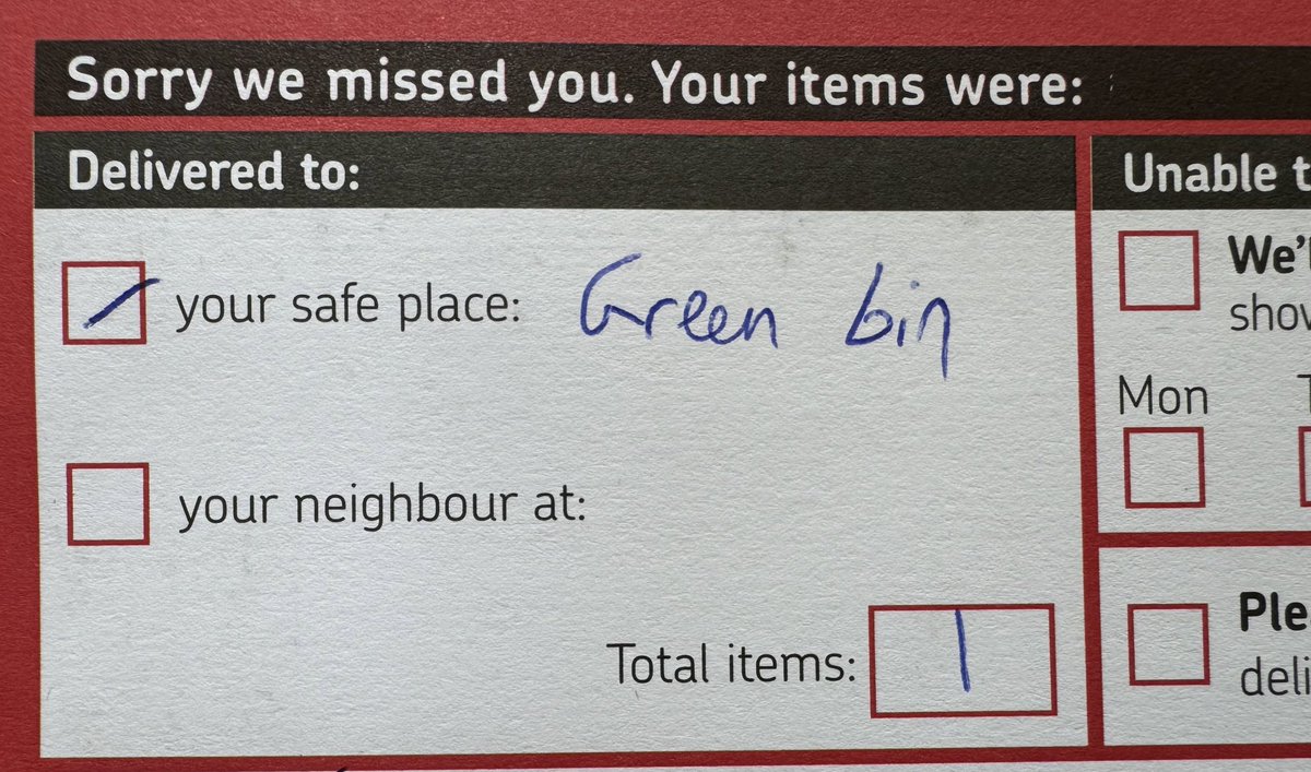 Well. Brilliant. Thanks @RoyalMail. You left a package in the cardboard recycling bin, which has now been taken away to be recycled. I wouldn’t call that a “safe place”
