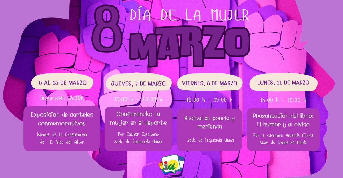 Este #8M2024 hemos organizado una semana llena de actividades para seguir potenciando el papel de la mujer en nuestra sociedad.
Tendremos exposición de carteles, conferencia sobre la mujer en el deporte, un recital poético y la presentación del libro "El humor y el olvido".